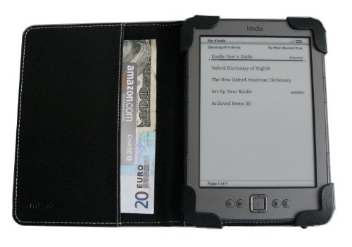 mCover Black Leather Folio Cover Case with built-in inner pocket for Amazon Kindle 4th Generation Built-in Wi-Fi, 6 - Inch E Ink Display, 5-way controller