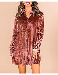 Caitefaso - Camisa de terciopelo con botones y plumón para mujer, estilo informal, manga larga, solapa, túnica