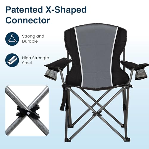 HIGH POINT SPORTS Folding Camping Chair, 160 kg, Portable Folding Camping Chair, Oversized Folding Chair, Outdoor and Indoor, Camping Chair, Fishing Chair, Black-Grey