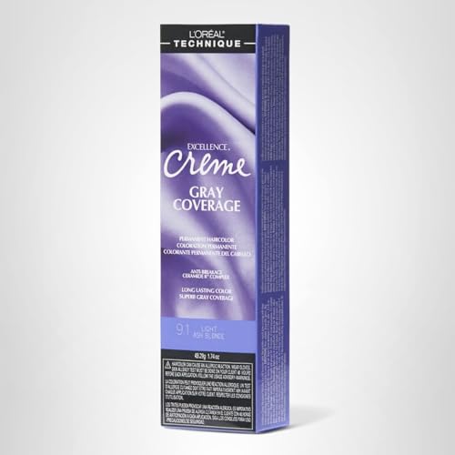 L\'OREAL TECHNIQUE Excellence Crme Permanent Hair Color - Long-Lasting Hair Dye, Rich Formula With No-Drip Application, Superb Gray Coverage, 9.1 Light Ash Blonde
