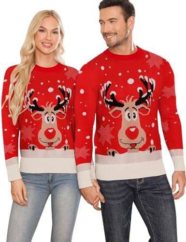 LecGee Men Christmas Sweater Crew Neck Reindeer Snowflake Knitted Pullover Slim Fit Pulli Xmas Holiday Party Sweater at Amazon