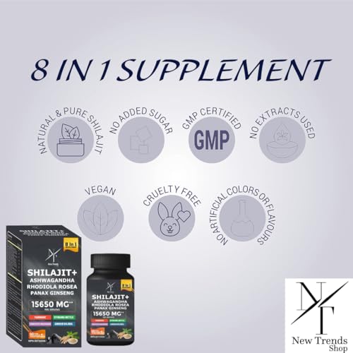 8-in-1 Shilajit Himalayan Organic Supplement with Shilajit 9000, Ashwagandha 2000MG, Rhodiola Rosea 1000MG, Panax Ginseng 1500MG, Cordyceps Mushroom 500MG, Gingko Biloba 500MG, Stinging Nettle 250MG, Turmeric (15,250 MG - 90 Caps)