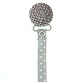 Crystal Dream Elegant Grey Quilted Crystal Handmade Unisex Baby Pacifier Clip with Matching Polka Dot Ribbon 8 Inch (RQGR)