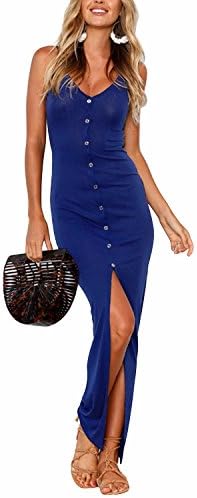 AUTCY Button Down Split Adjustable Spaghetti Strap V Neck Slim Dress for Women