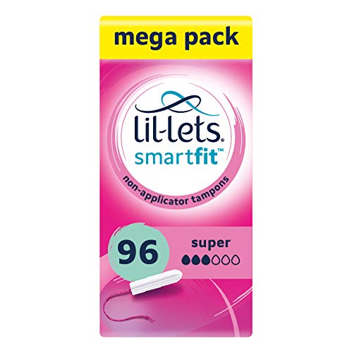 Lil-Lets Non-Applicator Super Tampons X 96, (6 Packs of 16 Tampons), for Medium to Heavy Flow, 3 Droplets, Plant-Based, SmartFit Non-App Tampon