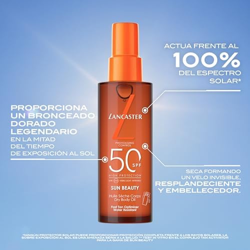 Protetor solar Lancaster Sun Beauty Body Dry Oil SPF50, com complexo ativador de bronzeado, tecnologia Full LightTM para proteção solar de espectro muito amplo