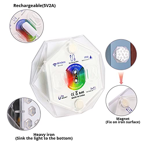 JWTPRO Hot Tub Lights Floating, IP68 Waterproof Pool Lights Underwater with Remote Control, Upgraded 13 LED Diamond Shape Pond Lights USB Magnetic Absorption Powered, 16 Colors, 8 Modes, Timer