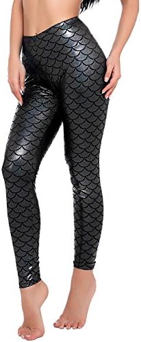 Unicorn scholar Sexy Mermaid Fish Scale Stretch Leggings Pants for Women XS-2XL (X-Small, Black Silver)