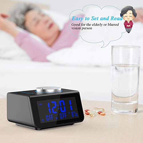 LATME-Alarm-Clock-Radio-for-Heavy-Sleepers W Dual Alarms,3.2'' Digital Display and Dimmer,7 Alarm Sounds,Snooze,2 USB Ports,Bedside FM Radio Clocks with Temp for Bedrooms/Kitchen/Office (Black-Blue)