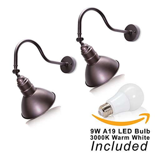 2 PACK – 10″ Barn Light Fixture with Adjustable 19 3/4 Gooseneck Arm – Indoor/Outdoor Use – Sign Lighting – LED Wall Lamps – Bronze – 3000K (Warm White)