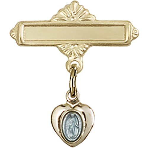 Baby Badge with Gold Plate over Sterling Silver Blue Miraculous Charm and Gold Filled Polished Badge Pin 3/4 X 5/8 inches
