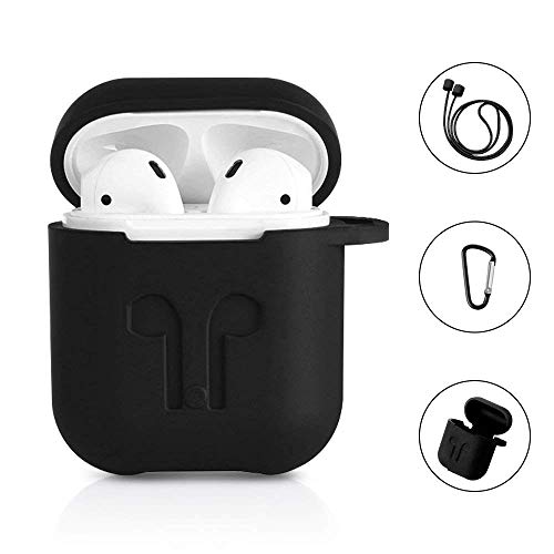 AirPods Protective Case, 3 in 1 Silicone Headphones Accessories Cover Skin Dustproof for Apple Airpods Charging Case with Keychain and Sports/Anti-Lost Strap(Black)