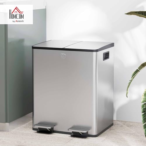 HOMCOM Trash Can and Recycle Bin, 2 x 5 Gallon (2 x 20 L) Stainless Steel Step Garbage Can with Soft Close, Stay-Open Lid, Deodorizer Compartment, Fingerprint-Proof, Silver