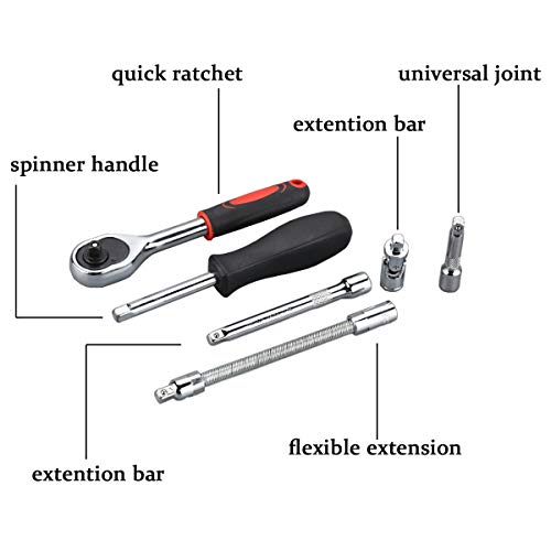 URGENEX 46pcs 1/4-Inch Socket Ratchet Wrench Combination Tools Kit for Auto Repairing 1/4