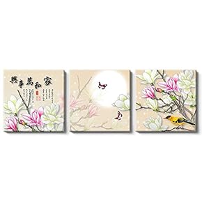 Canvas Wall Art Chinese Flowers and Birds Painting Artwork for Home Prints Framed - 12"x12"x3 Panels
