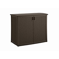 Suncast Elements Outdoor Wide Cabinet - 40" Wide Resin Constructed Patio Furniture Ideal for Decks and Balconies - Contemporary Wicker Design for Outdoor Storage with 97 Gallon Capacity - Brown