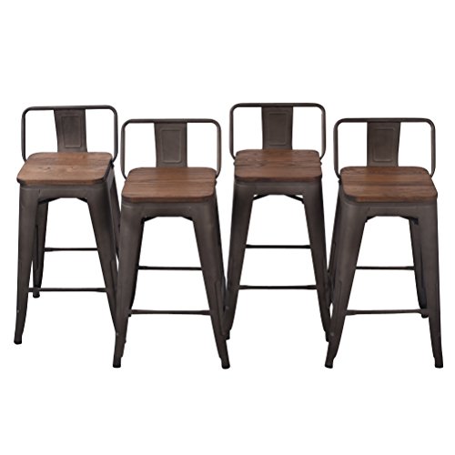 HAOBO Home 24" Low Back Metal Counter Stool Height Bar Stools with Wooden Seat [Set of 4] for Indoor/Outdoor Barstools - Thumbnail 2