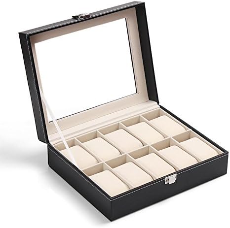 Halilu 10 Mens Black Watch Display Box Organizer with Glass Top Lid Jewelry Organizer-Leather Watch Display Tray Case