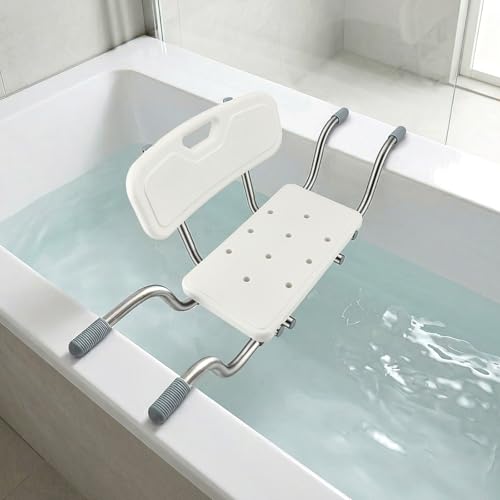 Bathtub Seat for Elderly, Non-Slip Shower Stool with Backrest, Adjustable Width 77-87 cm, Load 150 kg, with Non-Slip Silicone Pads and Handles, White