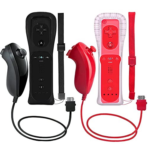 ZeroStory 2 Packs Wireless Controller and Nunchuck for Wii and Wii U Console, Gamepad with Silicone Case and Wrist Strap (Black and Red)