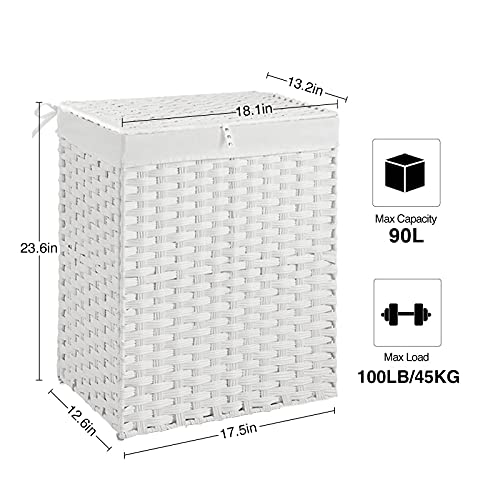 GREENSTELL Laundry Hamper with 2 Removable Liner Bags，90L Divided