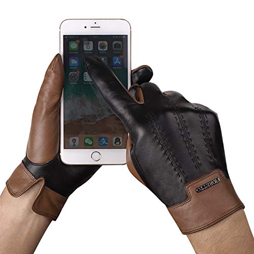 FIORETTO Winter Mens Italian Leather Driving Gloves Touchscreen Cashmere Wool Lined Brown 10