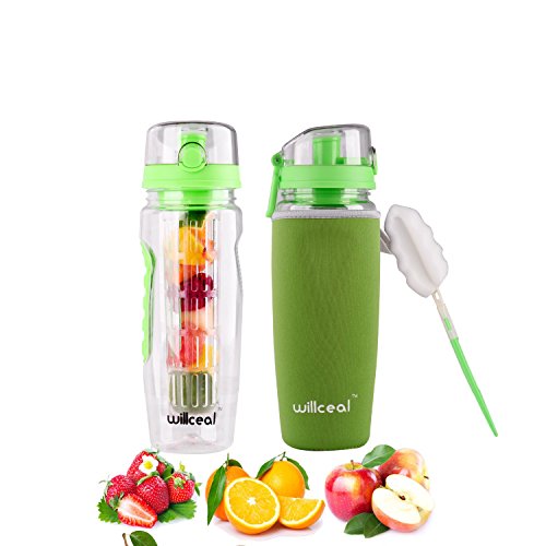 Willceal Fruit Infuser Water Bottle 32oz Durable, Large - BPA Free Tritan, Flip Lid, Leak Proof Design - Sports, Camping (Green)