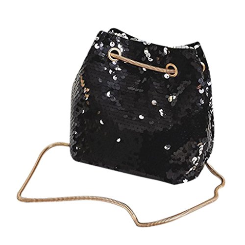 Clearance Sale! ZOMUSA Women Girl Fashion PU Leather Chain Strap Shoulder Bag Bling Sequin Bucket Bag (Black)