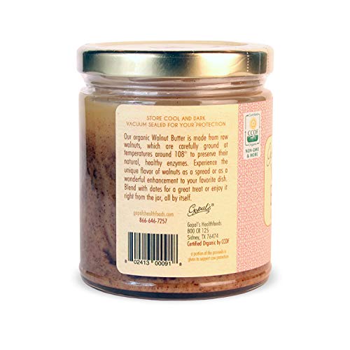 Gopal's Raw Organic Walnut Butter | USDA Organic, Gluten-Free, Creamy and Unsalted | 8 Ounces Glass Jar | Keto, Whole 30, and Paleo Friendly