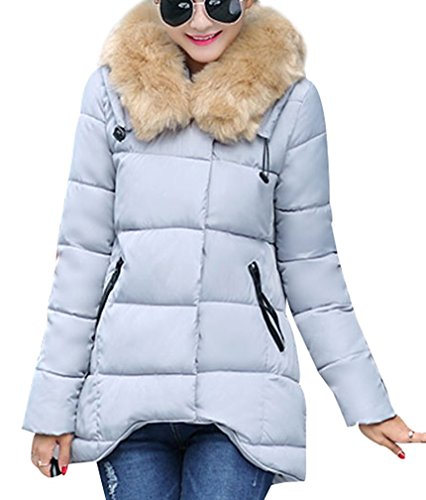 Fortuning's JDS Women's Faux Fur A-line Faux Fur Zip Quilted Hooded Down jacket Winter Overcoat