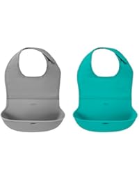 OXO Tot 2-Piece Waterproof Silicone Roll Up Bib with Comfort-Fit Fabric Neck, Gray/Teal