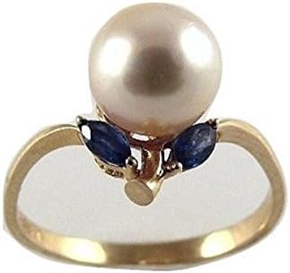 Akoya 7.7mm White Pearl and Sapphire 0.23ct Ring 14k Yellow Gold