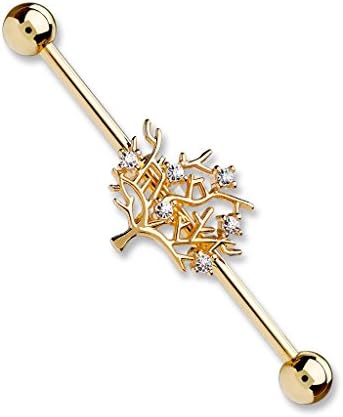 Tree of Life With Clear CZ Industrial Barbell (Rose Gold)