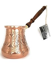 The Silk Road Trade - PC Series - Thickest Solid Copper Turkish Greek Arabic Coffee Pot, Heavy Duty Engraved Body Hammered Bottom with Wooden Handle, Stovetop Coffee Maker Jazzve Cezve Ibrik