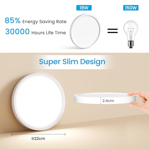 NIBSHOOM Plafoniera LED Soffitto, IP44 Lampadario Soffitto 18W, 4000K Lampada Luce Moderna per Camera da Letto, Bagno, Cucina, Soggiorno, Ufficio, Balcone, Bianco Naturale, Ø22cm