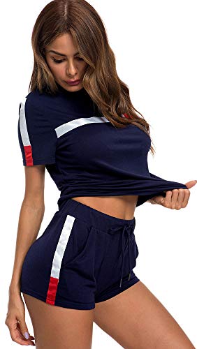 TOP-MAX Women's 2 PCS Tracksuit Round Neck Long Sleeve Top Stripe Long Pants Jumpsuit Outfits Set for Sport - Thumbnail 7