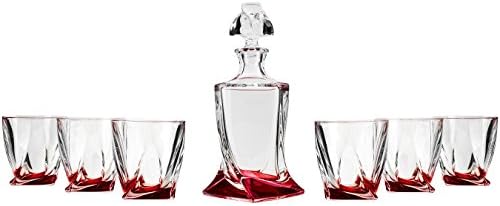 Bohemia Crystal, 28 Oz. Crystal Decanter & Six 11 Oz. Classic Whisky Scotch Glasses with Red Base, Wedding Gift Carafe & Whiskey Tumblers, 1+6-Piece Set