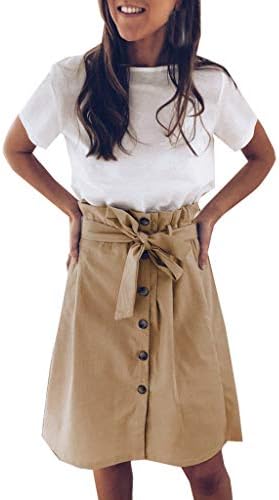Bokeley Women's A-Line High Waisted Button Front Drawstring Pleated Midi Skirt with Elastic Waist Knee Length
