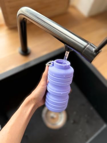 pandoo 700ml Collapsible Silicone Bottle - BPA Free, Leak Proof and Reusable - Lightweight Sports Water Bottle for Outdoor, Travel, Fitness - Black & Lilac