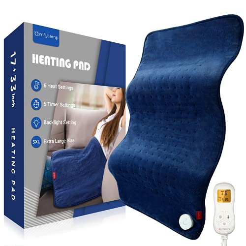 Large Heating Pad, Comfytemp 17 x 33\'\' XXXL Electric Heating Pad for Back Pain Relief, Extra Large Heat Pad - 6 Heat Levels, 5 Timers with Countdown & Backlight for Shoulders and Cramps, Washable