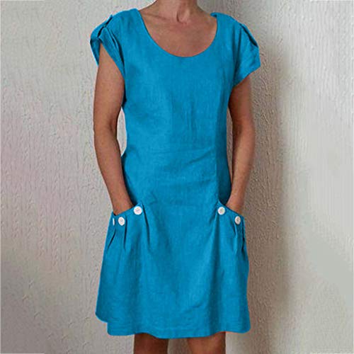 Duseedik Women's Dresses with Pocket Summer Casual Solid Cap Sleeve Dresses Plus Szie Cotton Linen O-Neck Daily Dresses Blue