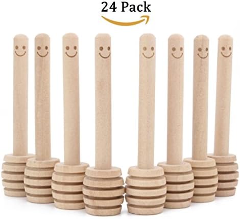 24-Pack 3.2 Inch Wood Mini Honey Dipper with Smile Face for Honey Jar Pot Dispense, Individually Wrapped