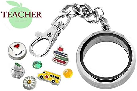 TEACHER Glass Locket DETACHABLE Key Chain Set w/ Crystal SCHOOL BUS Floating Charms