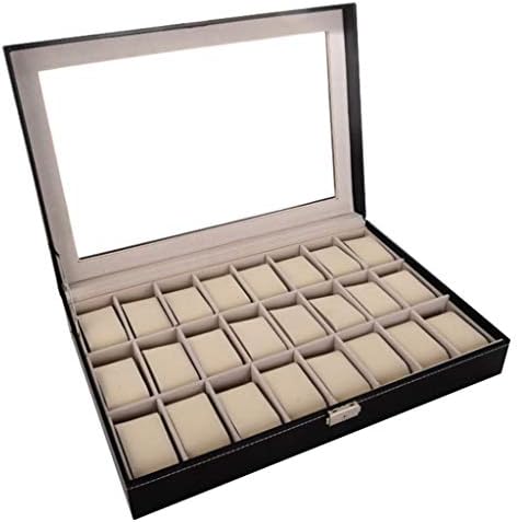 WoWer Watch Box Watches Elegant Jewellery or Bracelet Collection Box Storage with Glass Lid Black PU Leather 24 Slot Watch Box Display Case Organizer Cushion Storage Box Watch Bracelet