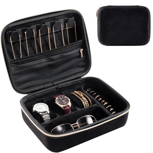 ProCase Mens Extra Large Jewelry Storage Case, 3 Slots Travel Watch Accessories Carrying Box, Glasses Necklaces Rings Bracelets Zippered Organizer Bag for Male -Black