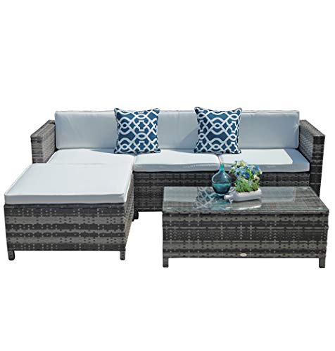 Super Patio Outdoor Patio Furniture Set, 5pc PE Wicker Rattan Sectional Furniture Set with Cream White Seat and Back Cushions, Steel Frame, Blue Throw Pillows, Gray