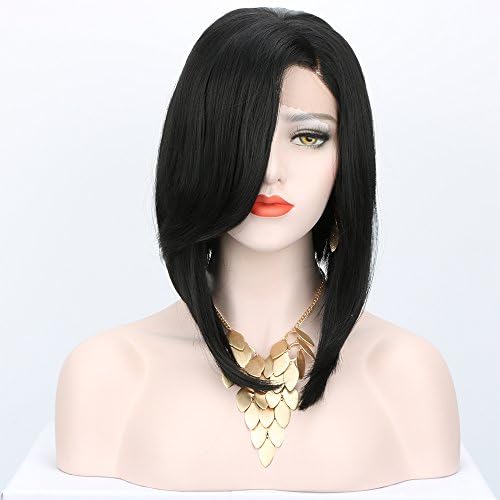 Nantansha Glueless Lace Front Wig Side Part 12 Inches Short Cut Bob Natural Black Wig Synthetic Heat Resistant Fiber Hair Half Hand Tied Wig (Bob)