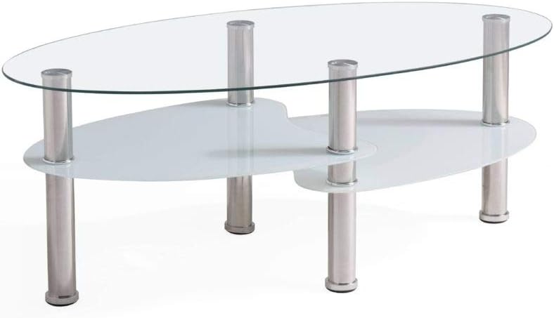 Hodedah Three Tier Oval Tempered Glass Coffee Table, Clear: Furniture & Decor