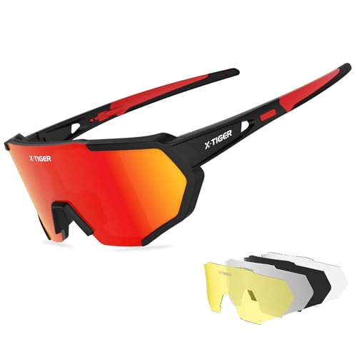 X-TIGER Fahrradbrille, Herren Damen Sportbrille, UV400 mit 5 Wechselgläser,Starker TR90 Frame, mit Montierbarem Brillenband & Ohrhaken, Outdoor-Sport/