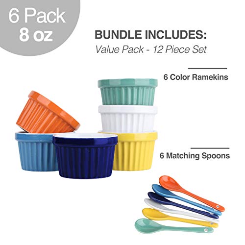 8 oz Ramekins for Baking Set - 6 PACK Souffle Dish Bowls with 6 Spoons Set, Oven Safe Round Ceramic Custard Cups, Dessert, Ice Cream, Creme Brulee, Gratin Dishes, Pot Pie (Multicolor Set) - Thumbnail 2
